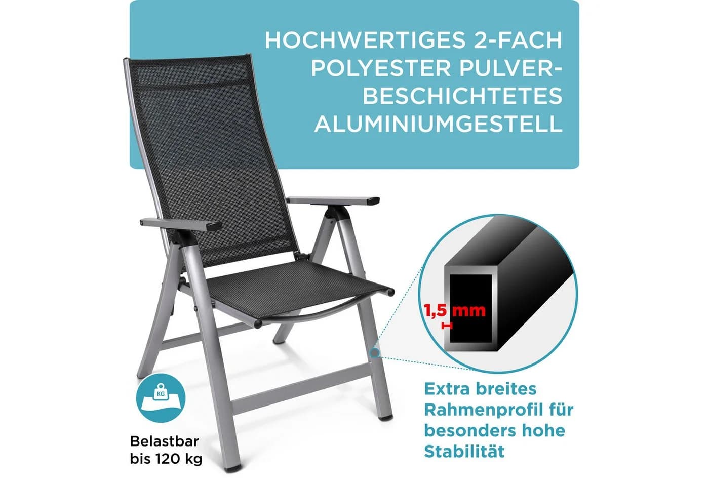Gardisun Gartenstuhl Hochlehner Klappbar 5-fach Verstellbar Anthrazit & Silber