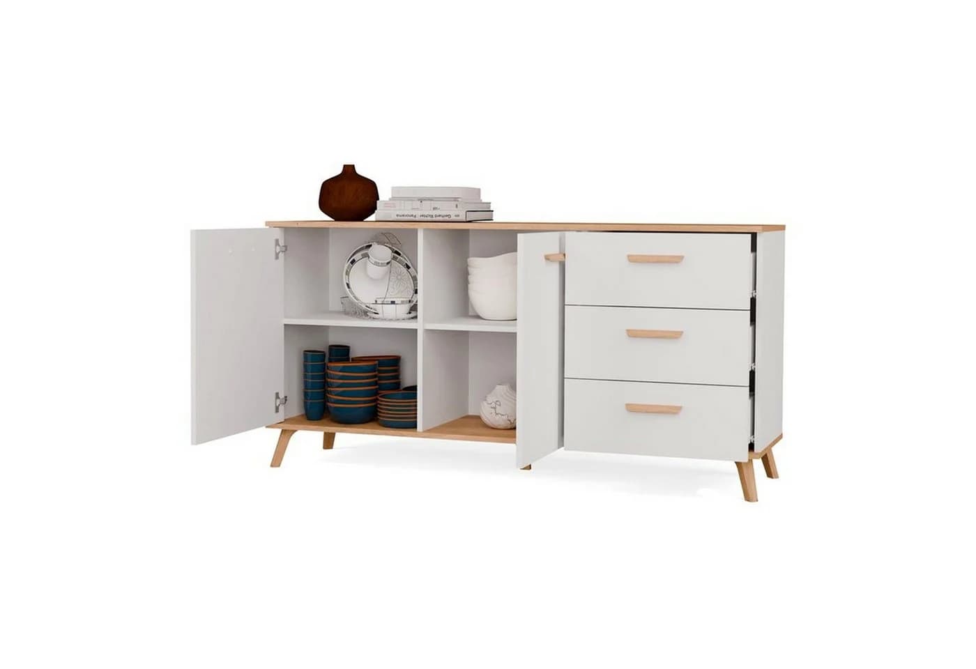 ibonto Kommode skandinavisch weiß Eiche 150 cm mit 3 Schubladen
