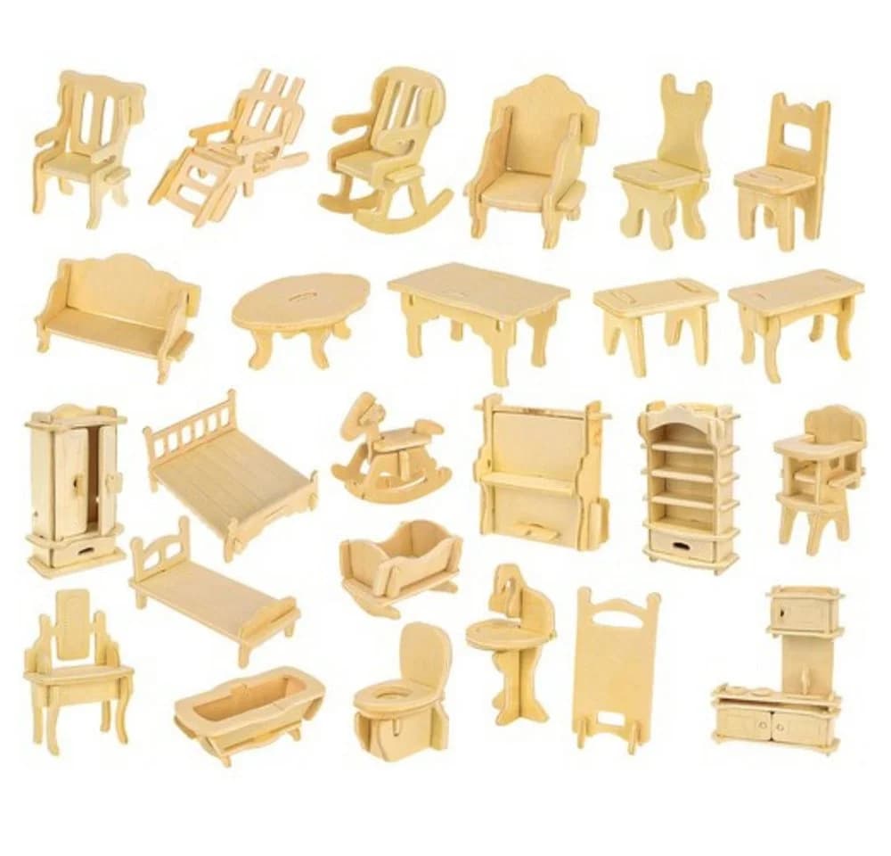 KRUZZEL Puppenhausmöbel 34-tlg. Holz Möbel Set Küche Bad
