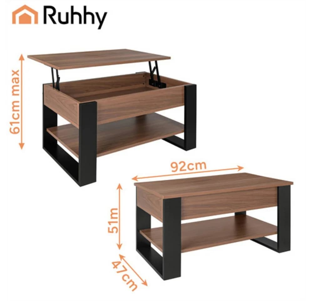 KRUZZEL Couchtisch mit Lift-Top-Funktion und Stauraum Eiche/Schwarz