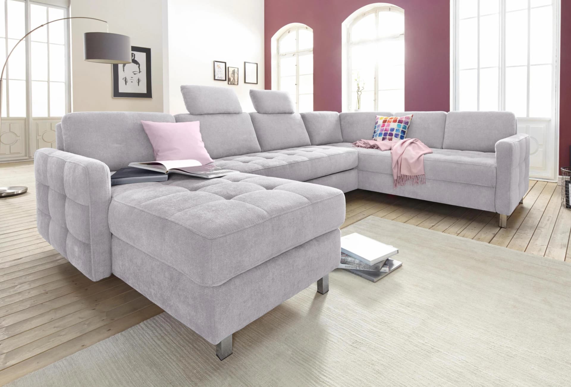 Sit & More Pablo U-Form Wohnlandschaft Silber mit Bettfunktion