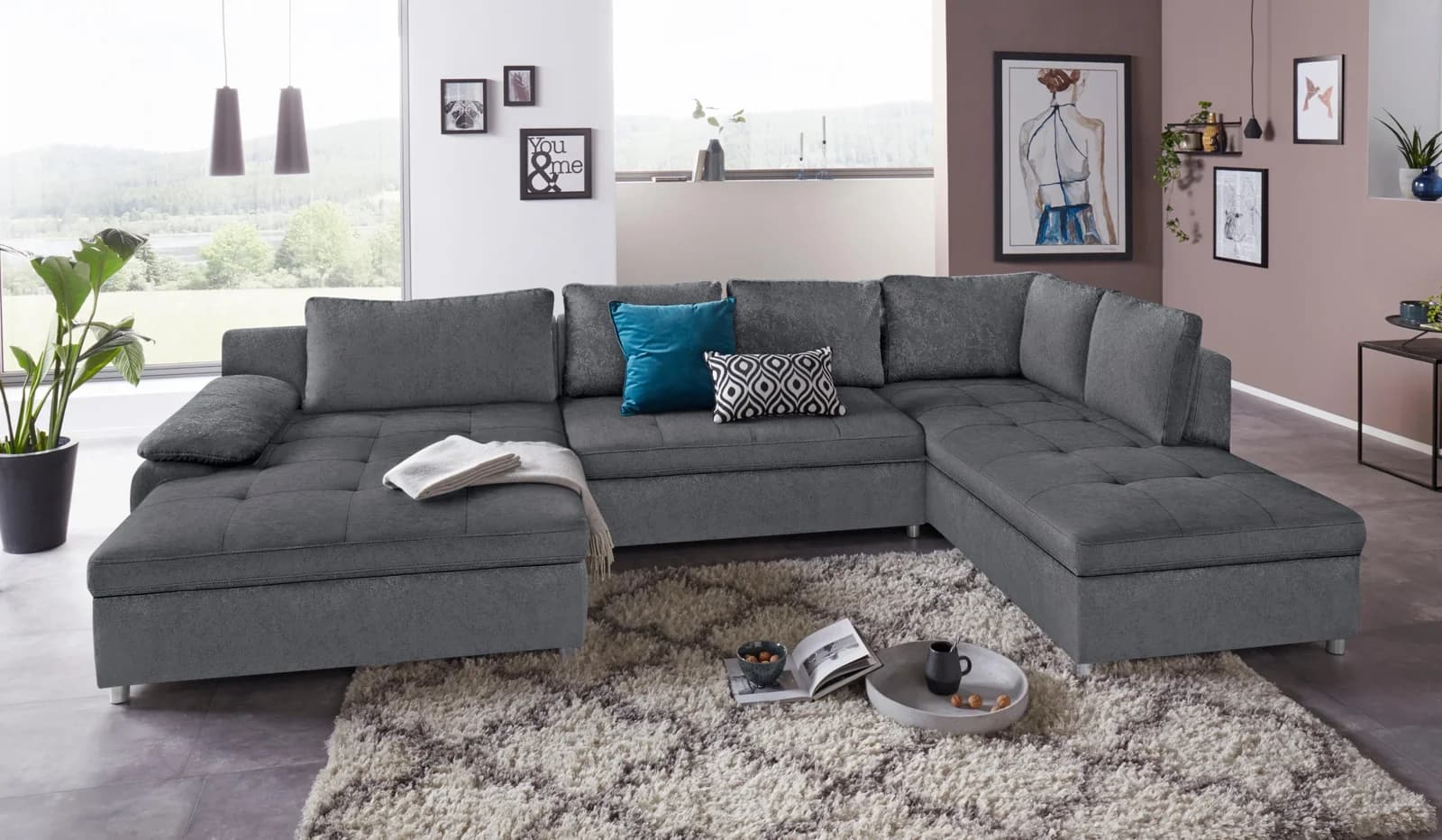 HOME AFFAIRE Labene U-Form Wohnlandschaft Grau mit Bettfunktion