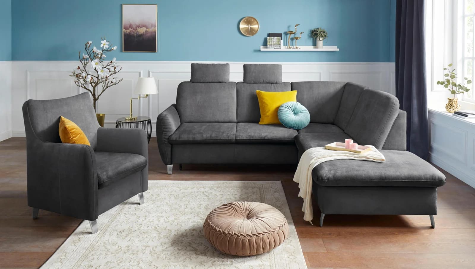 sit&more Ecksofa mit Federkern, Kopfstützen und Ottomane