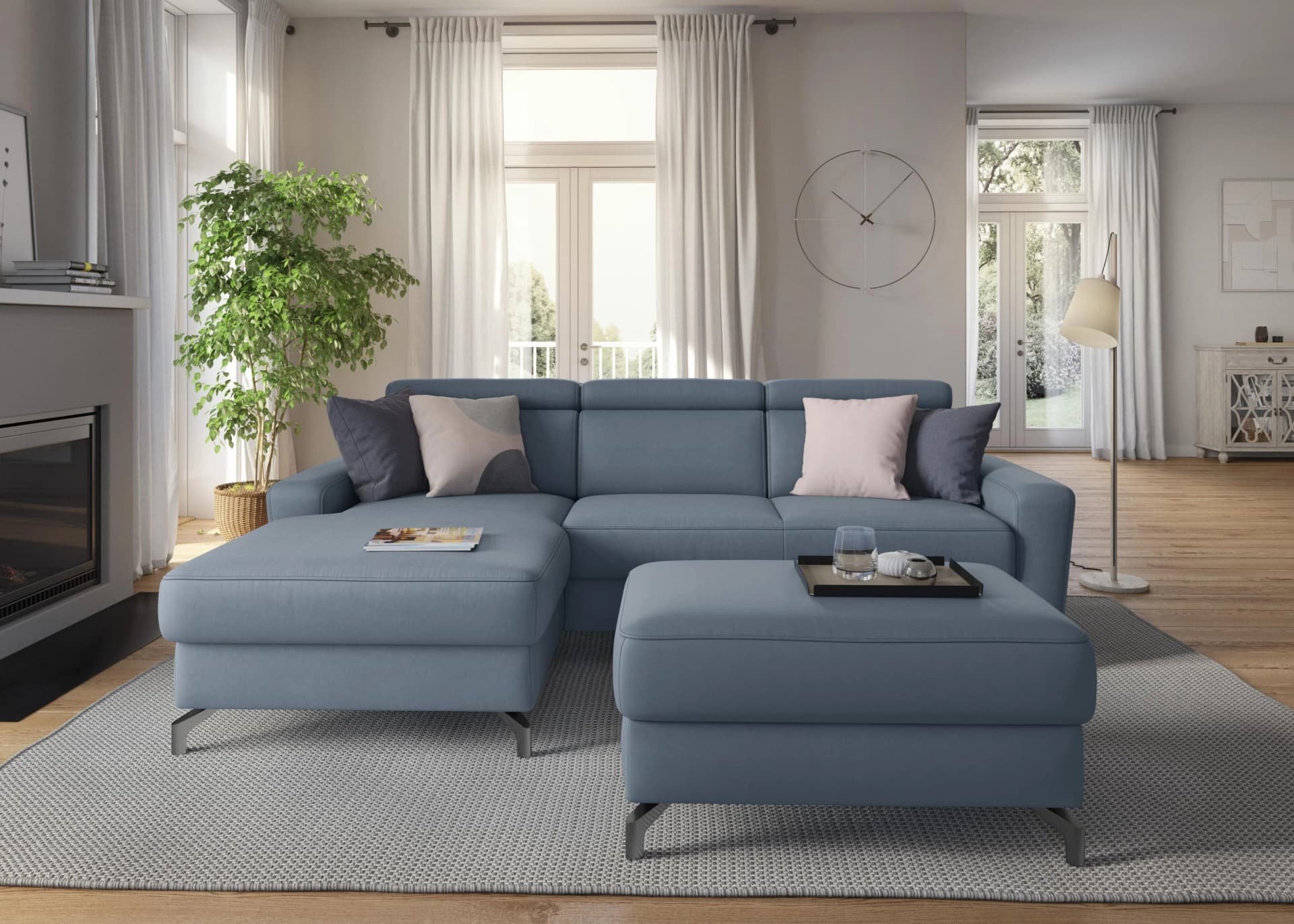 Ecksofa Scarlett L-Form hellblau mit Kopfteilverstellung und Bettfunktion