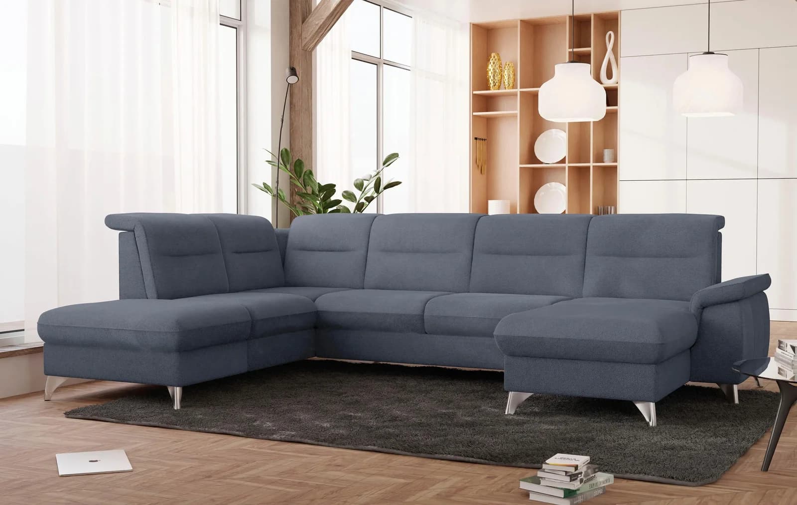 Sit & More Astoria U-Form Wohnlandschaft Grau/Blau mit Relaxfunktion