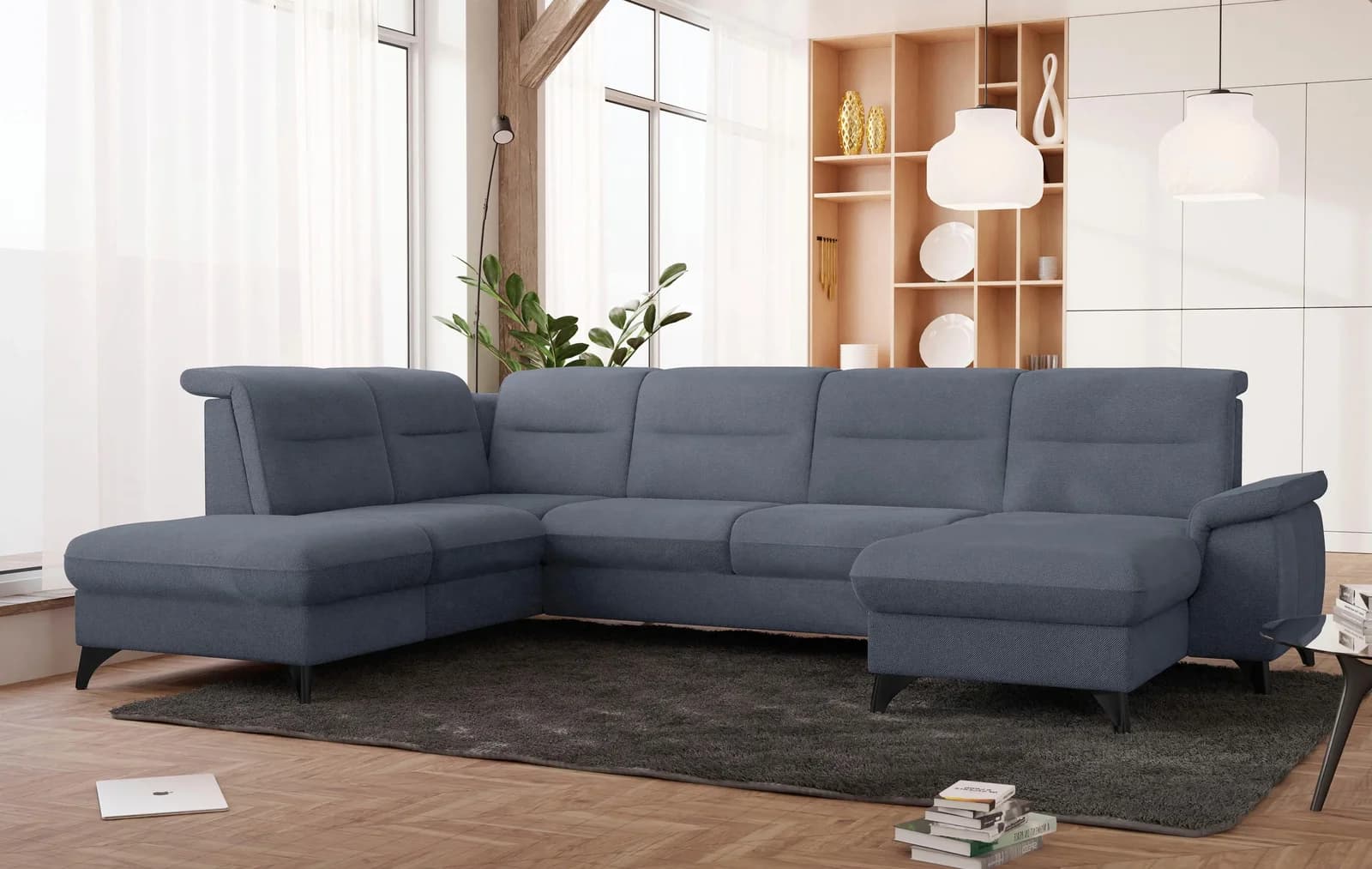 Sit & More Astoria U-Form Wohnlandschaft Grau/Blau mit Bettfunktion