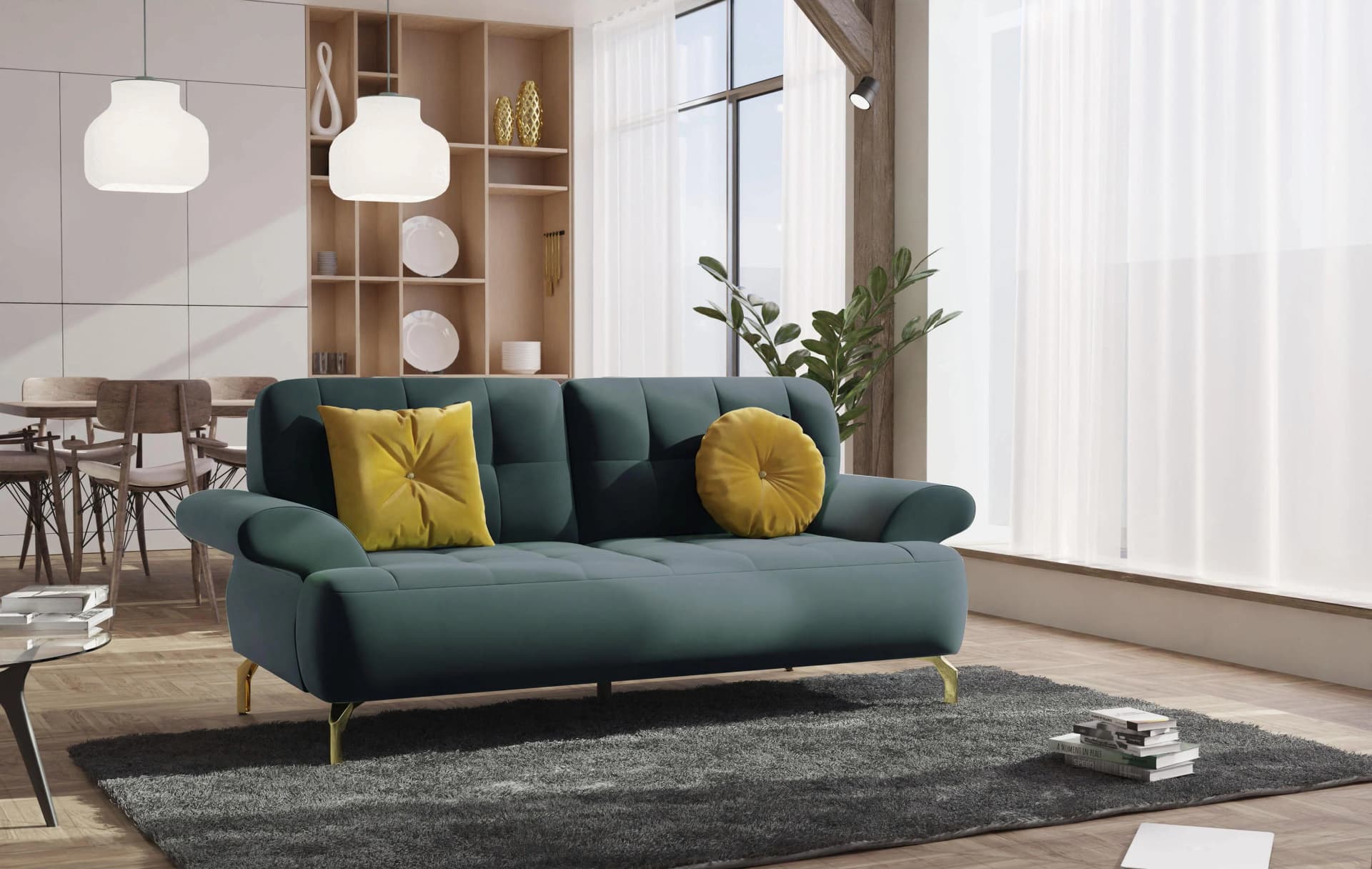 Modernes und orientalisches Sofa in Grün und Gold