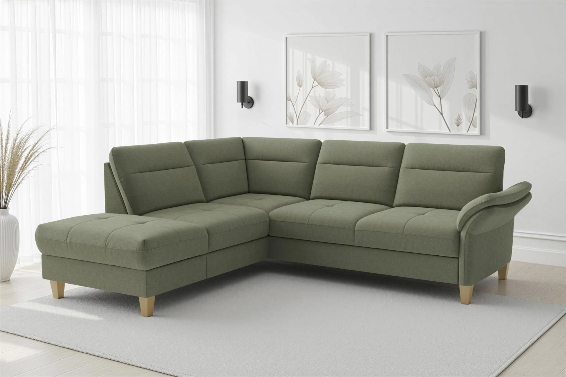 SIT & MORE Ecksofa Pamela Beige/Olive mit Ottomane und Stauraum