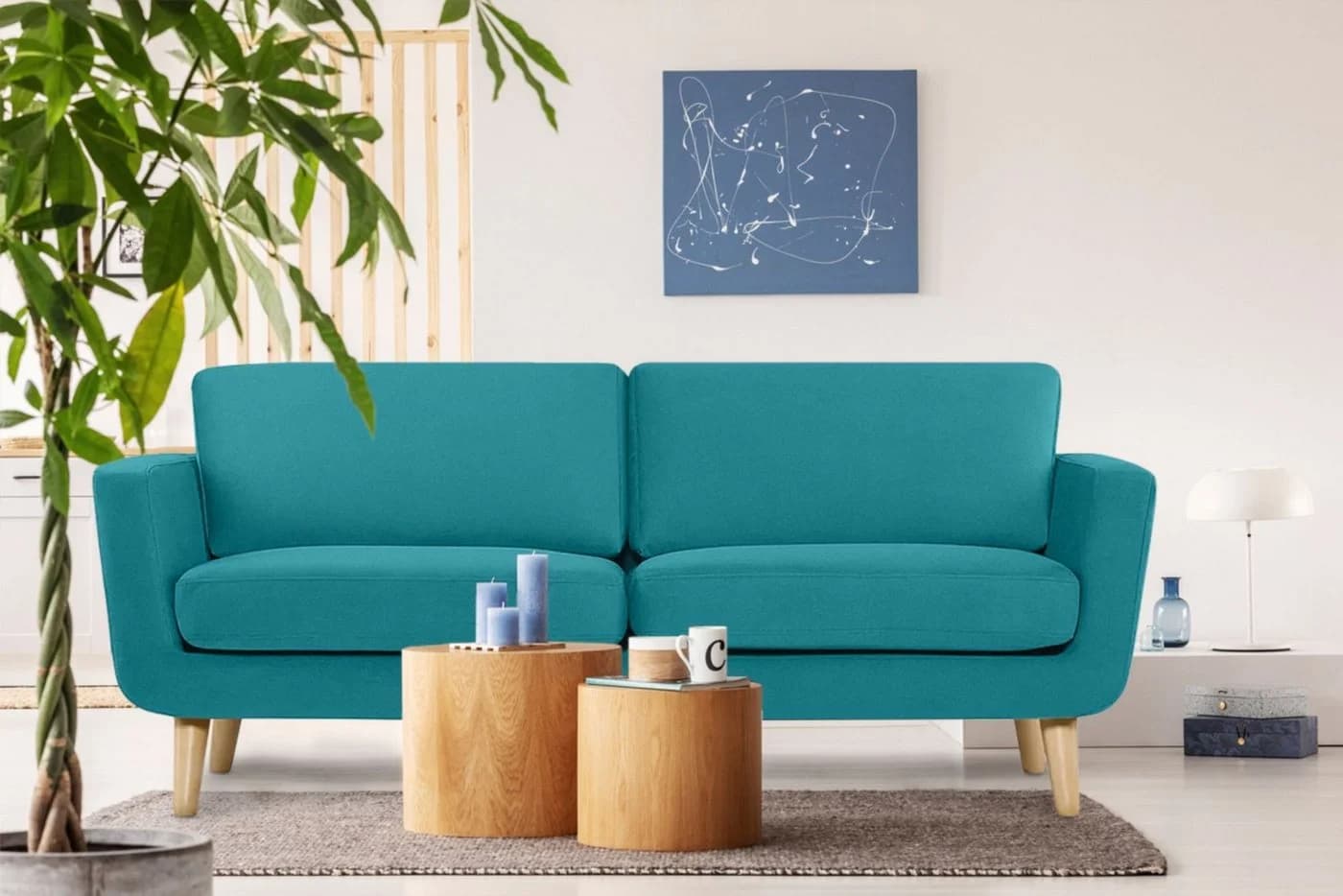 KONSIMO TAGIO 3-Sitzer Sofa Skandi-Stil Türkis Massivholz