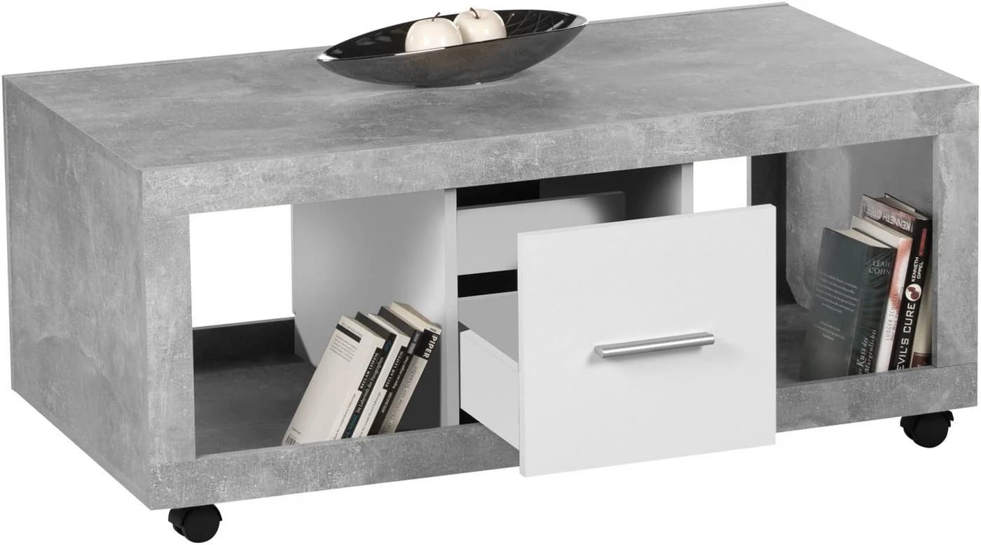 STOLKOM Stone Couchtisch mit Rollen und Schubkästen Beton Weiß