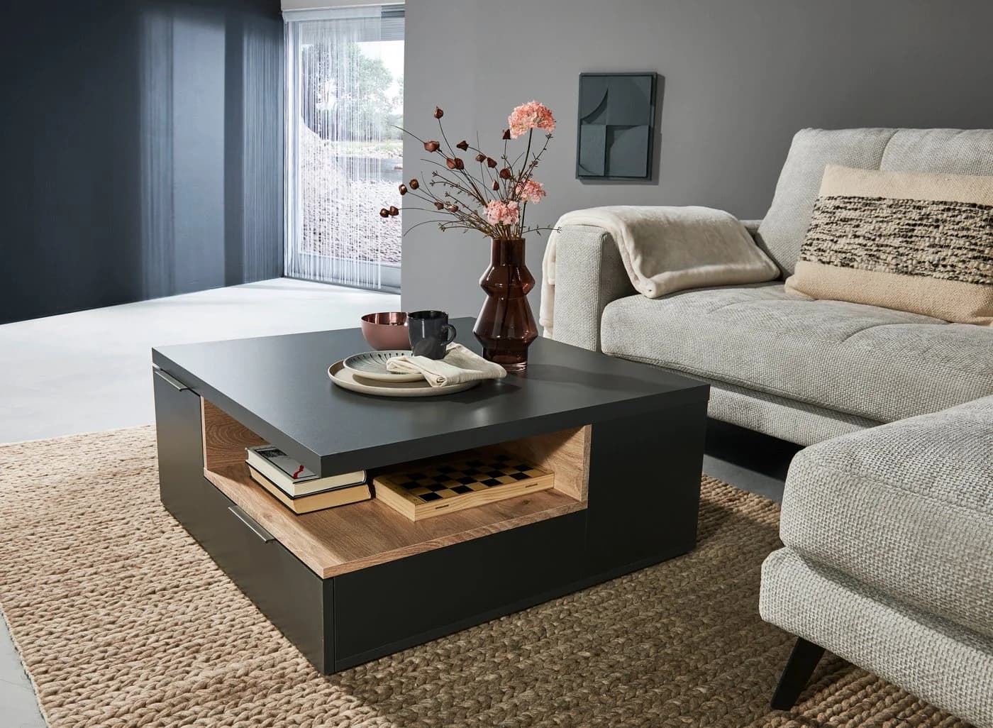 Mid.you Couchtisch Grau Quadratisch mit Schubladen