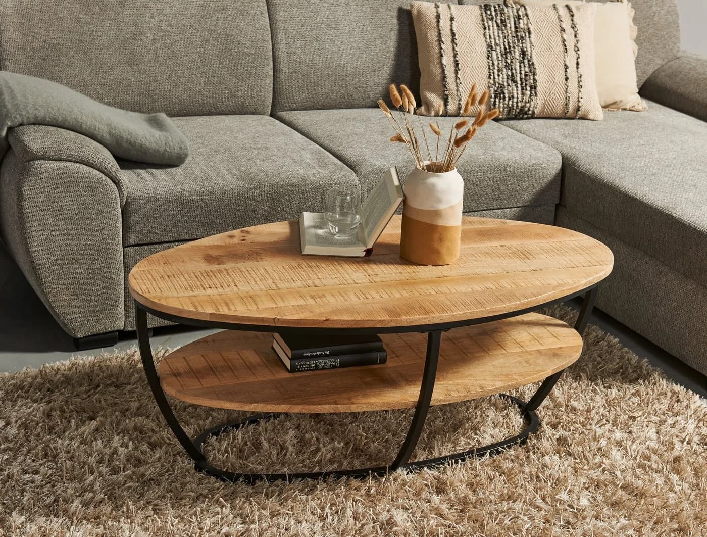 Couchtisch STOLKOM Jambi 2 - Mangoholz & Metall - Oval