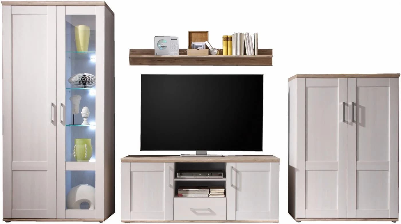HBZ Wohnwand Romance Landhausstil mit LED-Beleuchtung Weiß