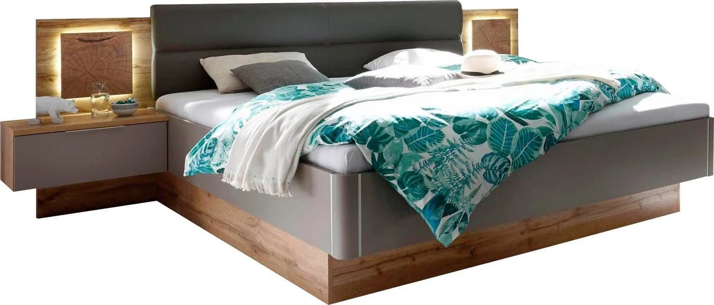 SCHLAFKONTOR Bettanlage Capri Grau Wildeiche mit LED