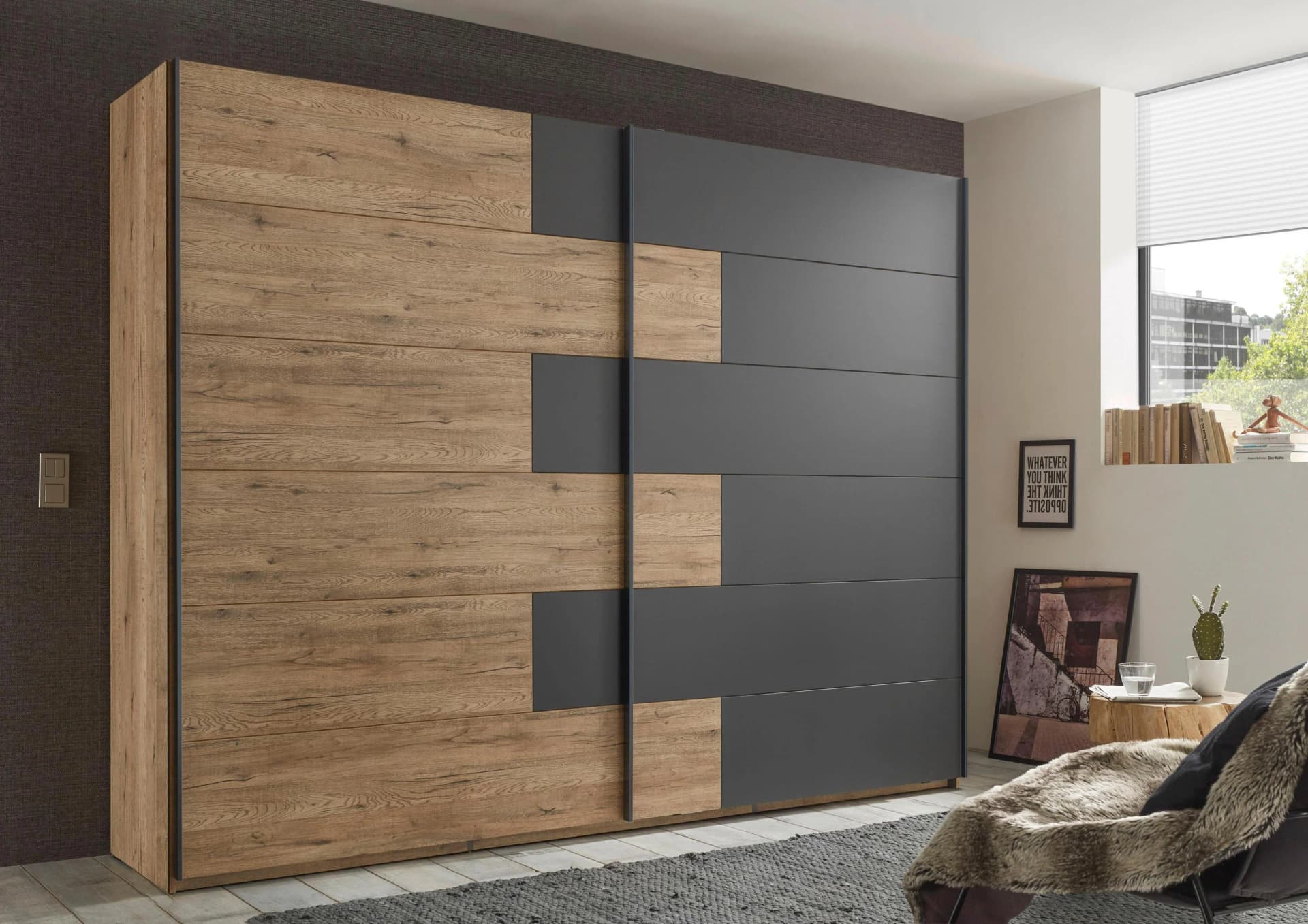 Schlafkontor Schwebetürenschrank Linea Grau Braun Holzwerkstoff