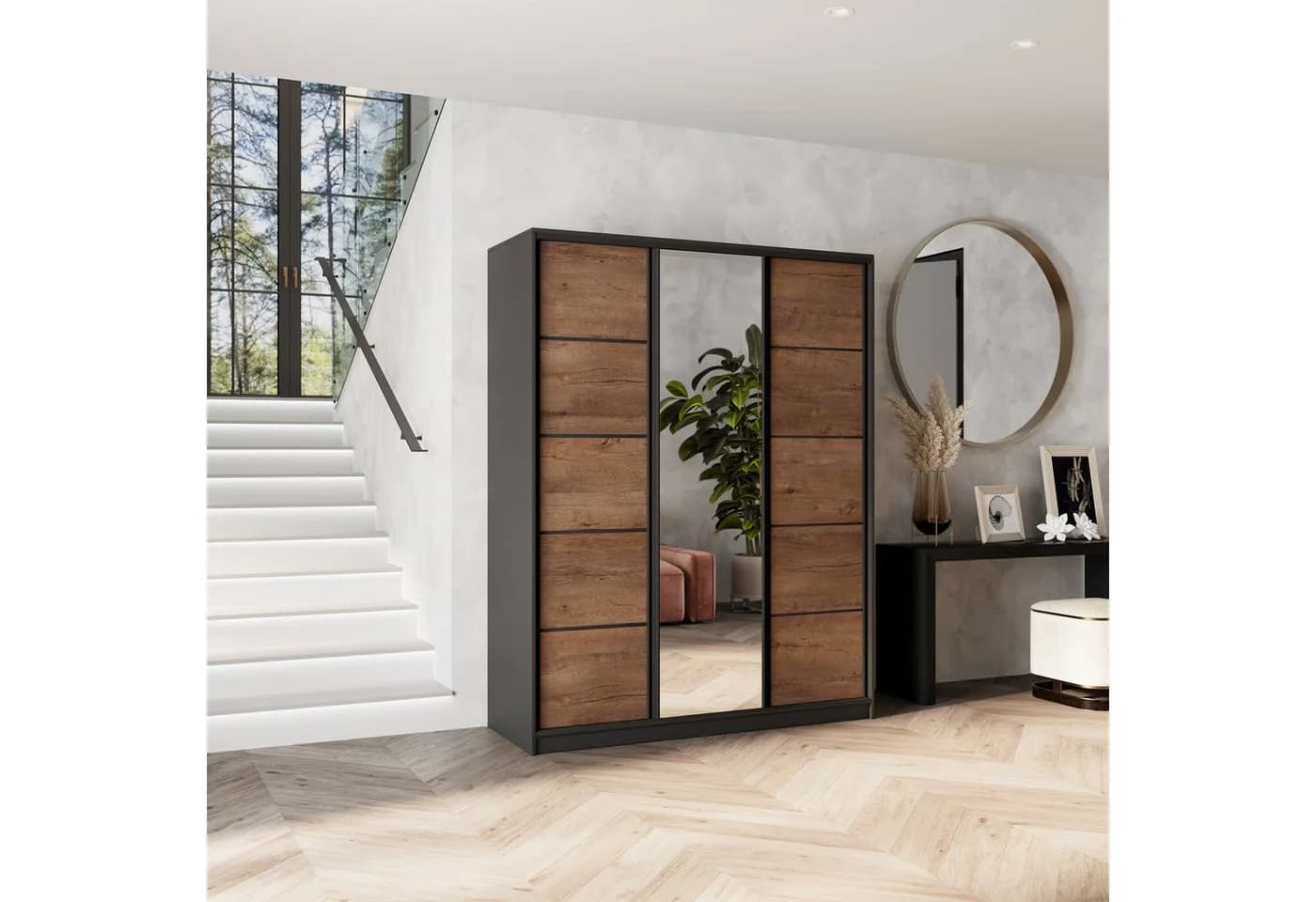 Masseno Schwebetürenschrank NATA Kleiderschrank mit Spiegel und Schubladen