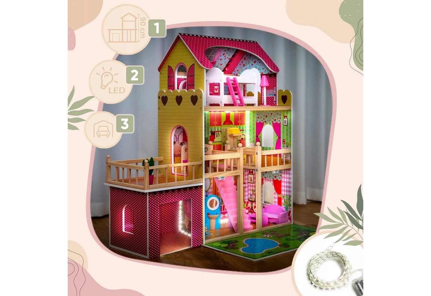 Kinderplay Puppenhaus Holzvilla 3 Etagen mit LED Licht
