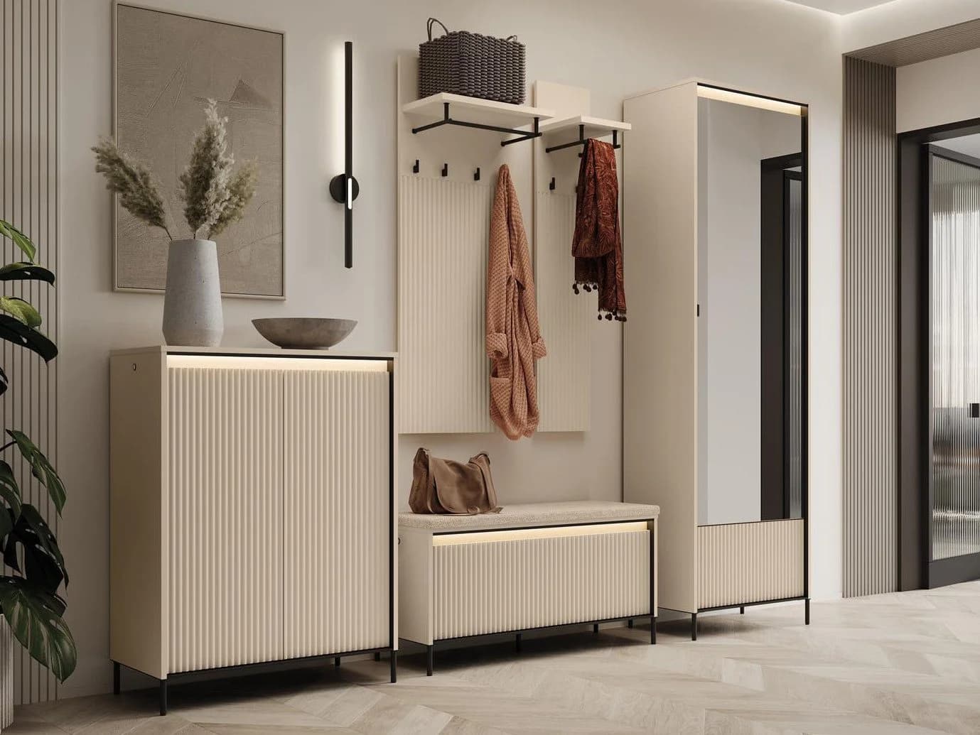 Compleo Kommode FLORE Beige mit LED und gerillten Fronten Modern