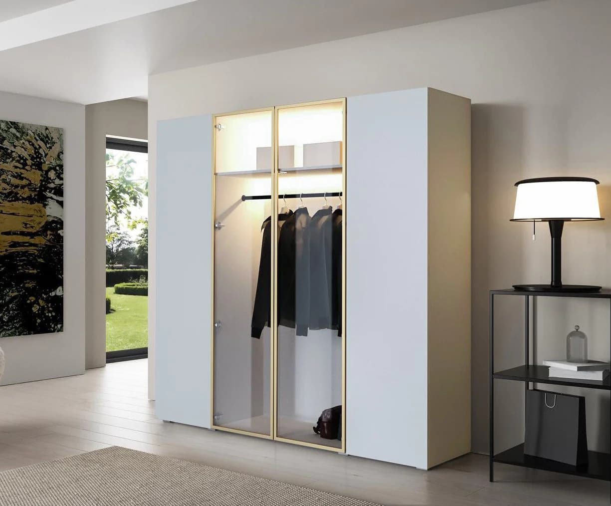 Compleo Kleiderschrank 4-tlg. Weiß Glasfront LED Soft-Close