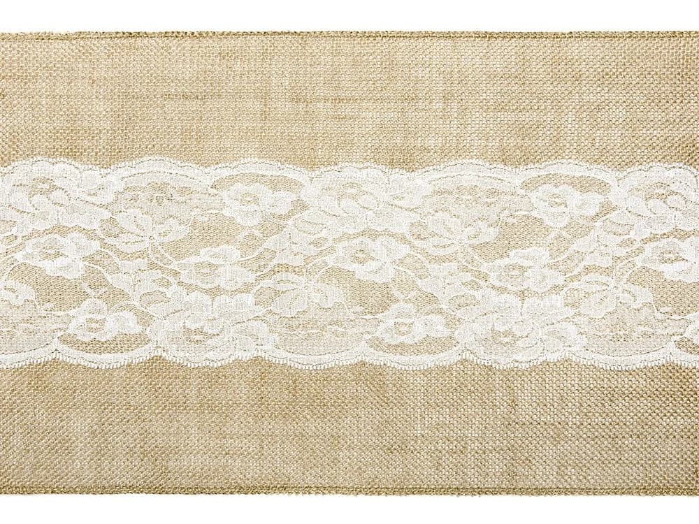 Partydeco Tischläufer Jute mit weißer Spitze 28cm x 2,75m