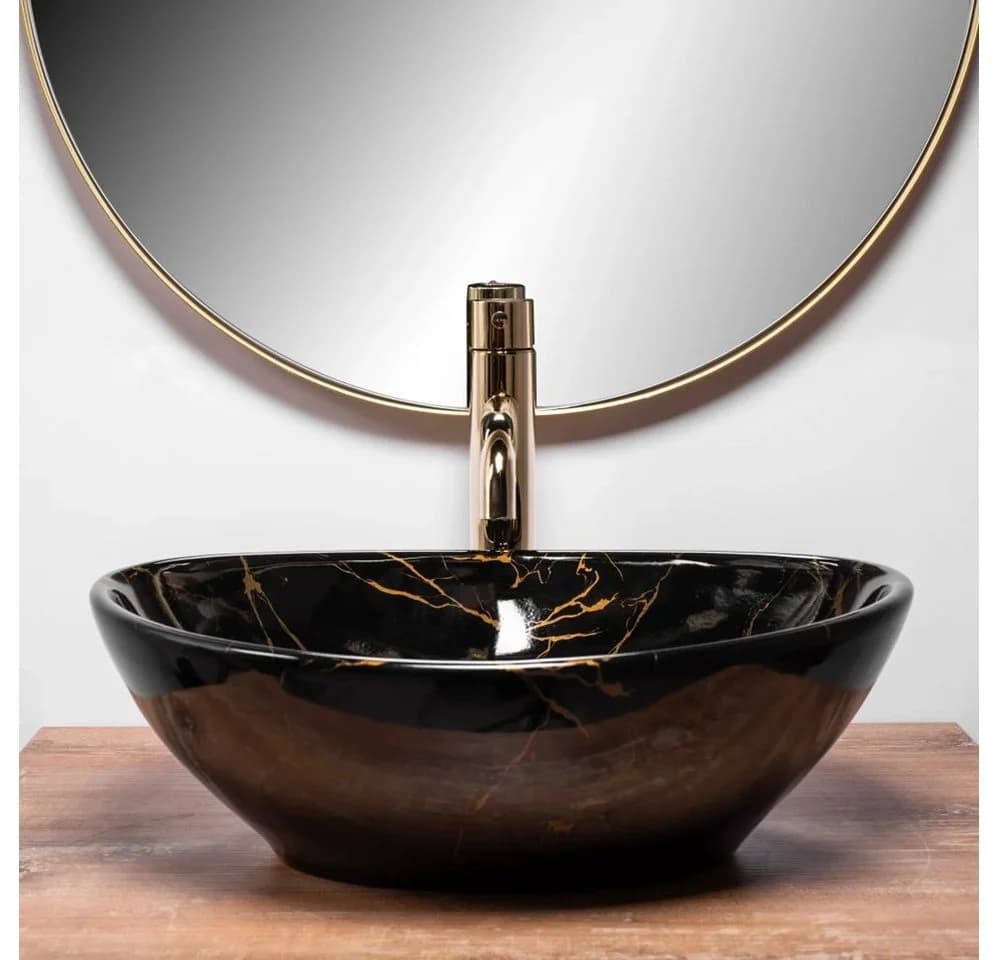 wohnwerk.idee Aufsatzwaschbecken Marmor Schwarz Gold Matt Gäste WC / Bad