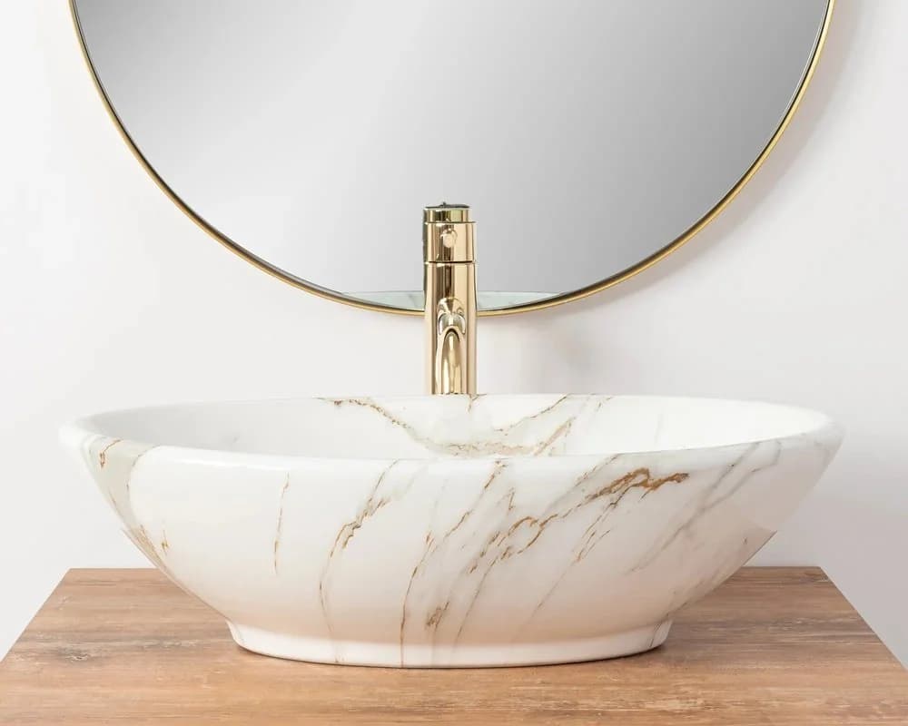 wohnwerk.idee Aufsatzwaschbecken Marmor Optik Weiß Gold Pamela Aiax Luxus Design