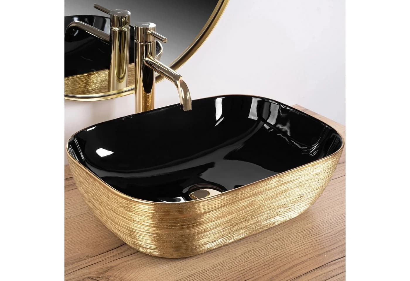 wohnwerk.idee Aufsatzwaschbecken Designer Waschbecken mit gebürstetem Gold, Rechteckig, Struktur-Design