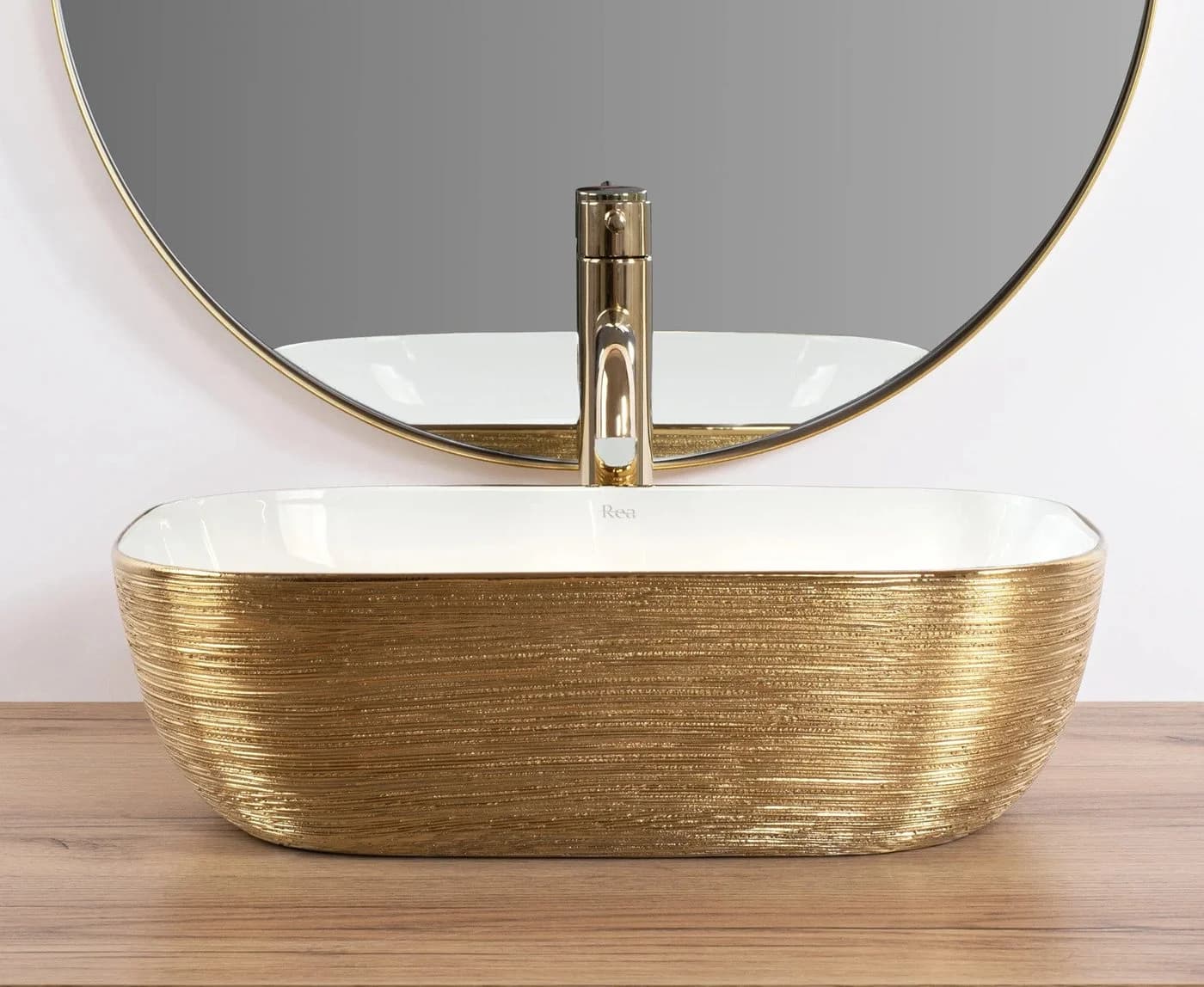 wohnwerk.idee Aufsatzwaschbecken Designer Waschbecken mit gebürstetem Gold, Rechteckig, Struktur-Design