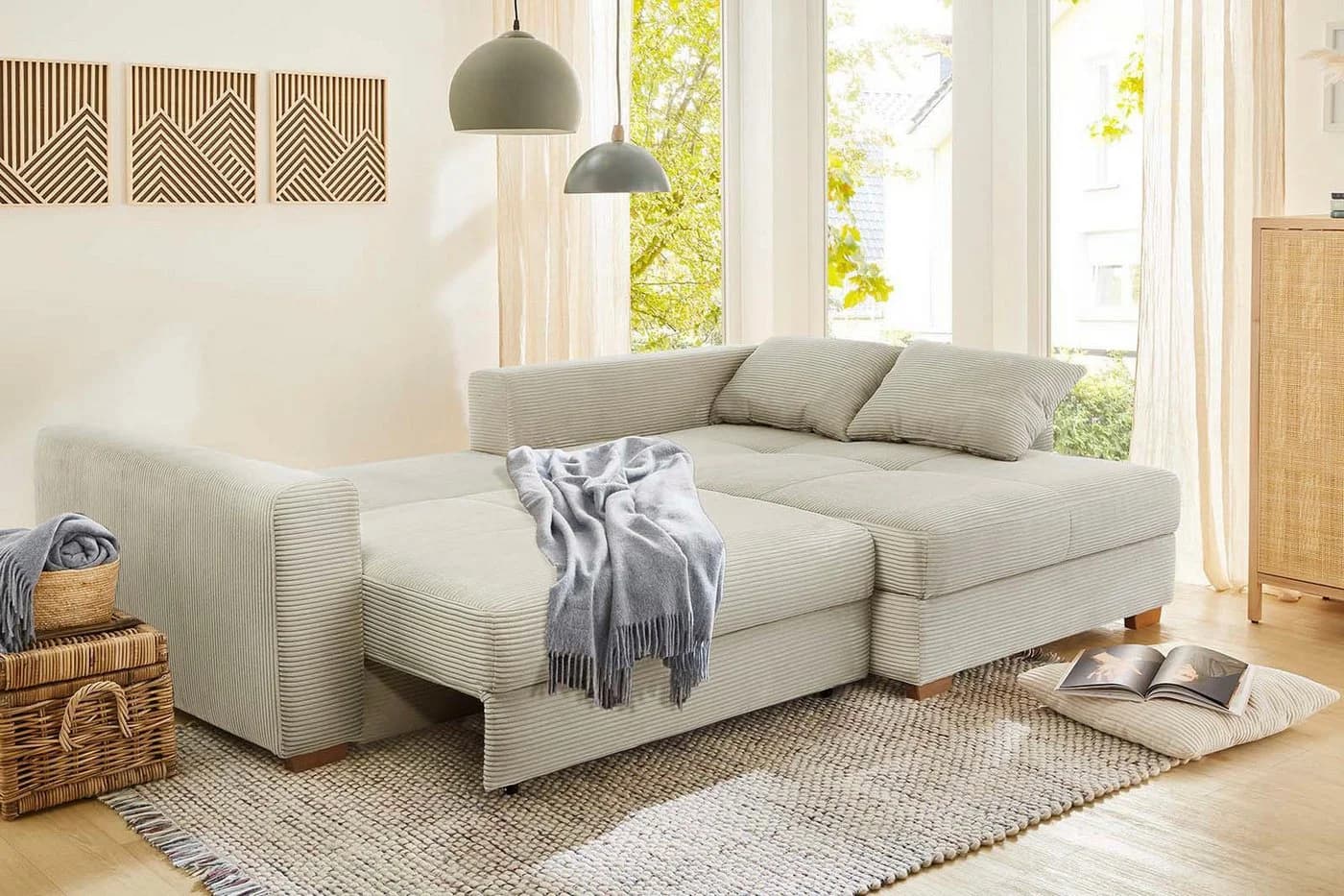 Jockenhöfer Gruppe Ecksofa Kampen L-Form Grau-Beige mit Bettfunktion