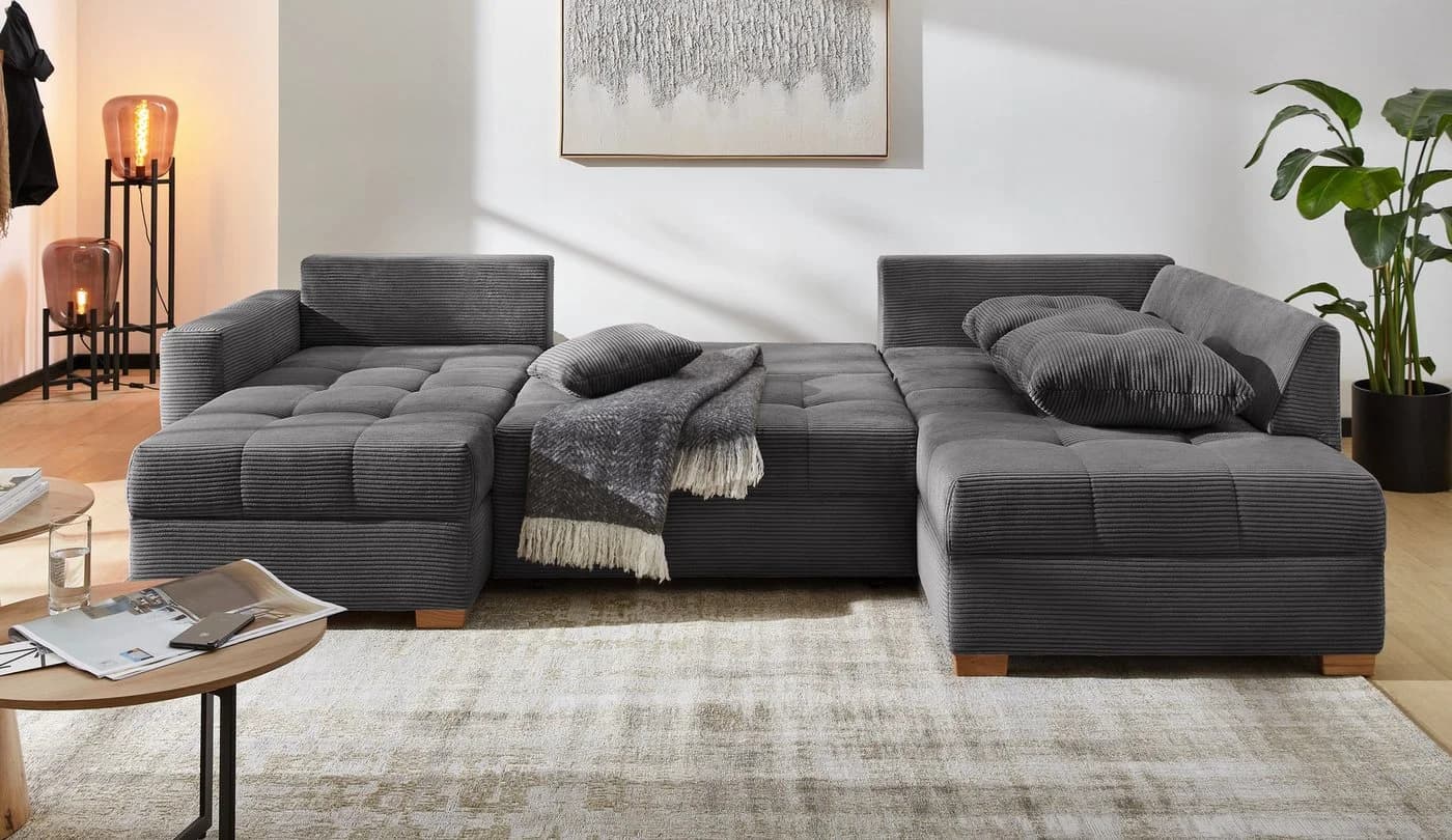 Wohnlandschaft Jockenhöfer Abby U-Form Grau mit Bettfunktion