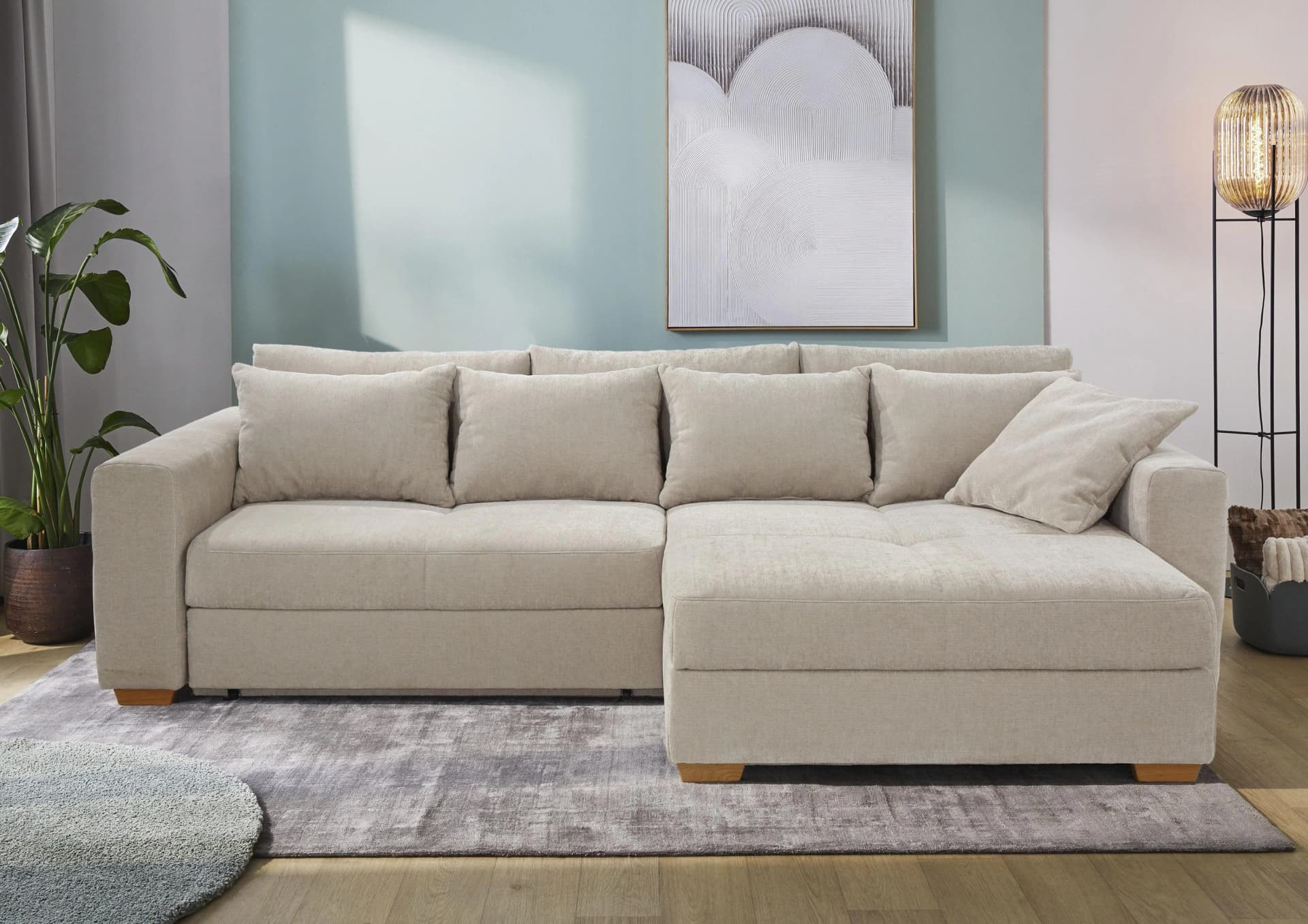 Jockenhöfer Ecksofa Kampen L-Form Beige mit Bettfunktion & Bettkasten
