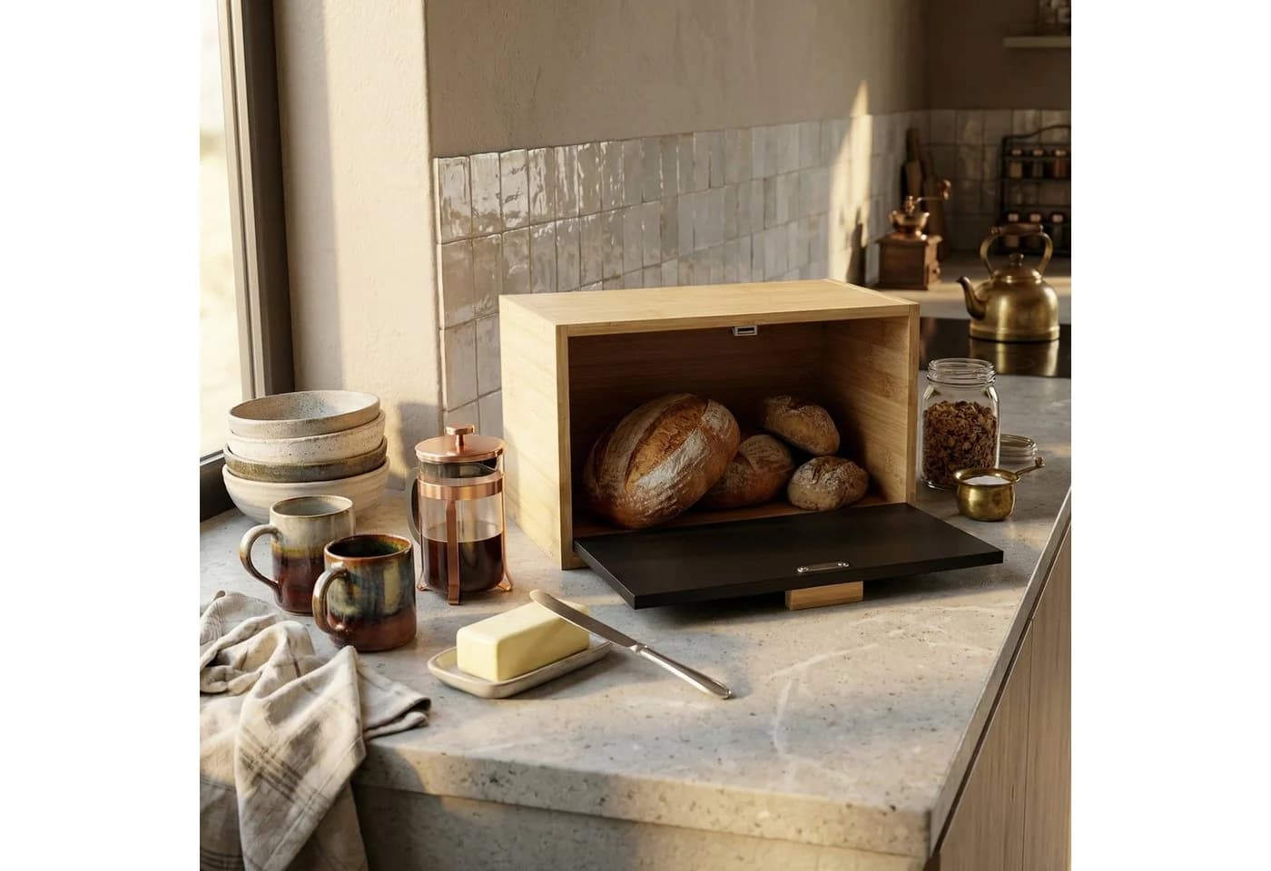 AROMELIO Brotkasten Bambus TABLEAU mit Schublade