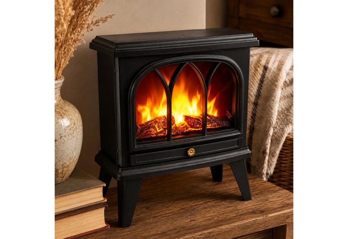 TWILUX Freistehender LED-Dekorkamin Retro Schwarz