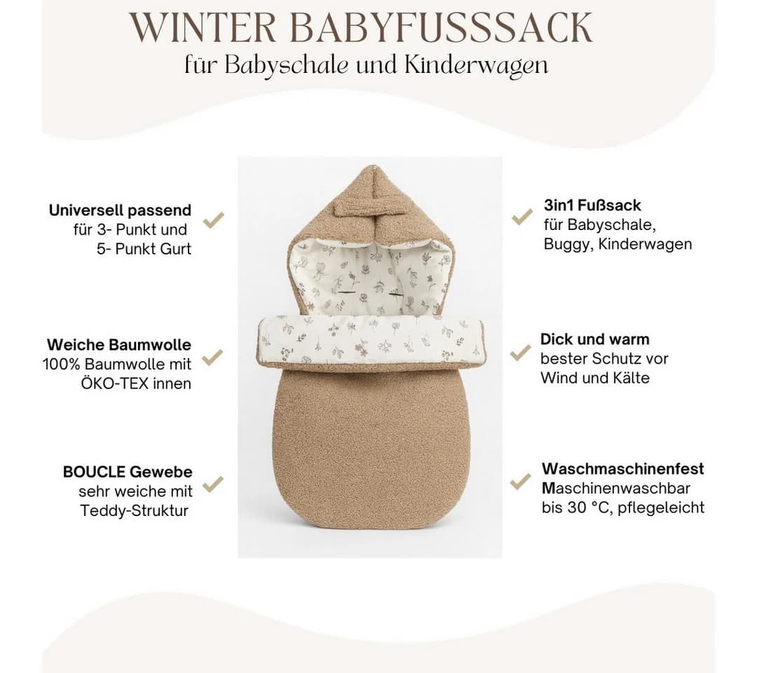 BABEES Fußsack für Babyschale Kinderwagen Wanne BOUCLE Winterfußsack, Einschlagdecke Baby universal 3-Punkt und 5-Punkt Gurt
