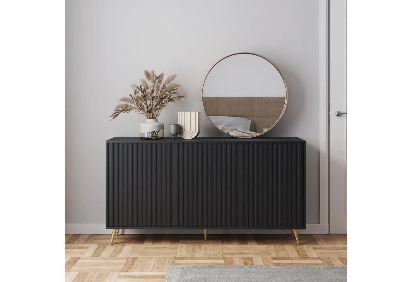 Selsey Sideboard BELLO 3-türig mit Lamellenfronten und goldenen Beinen
