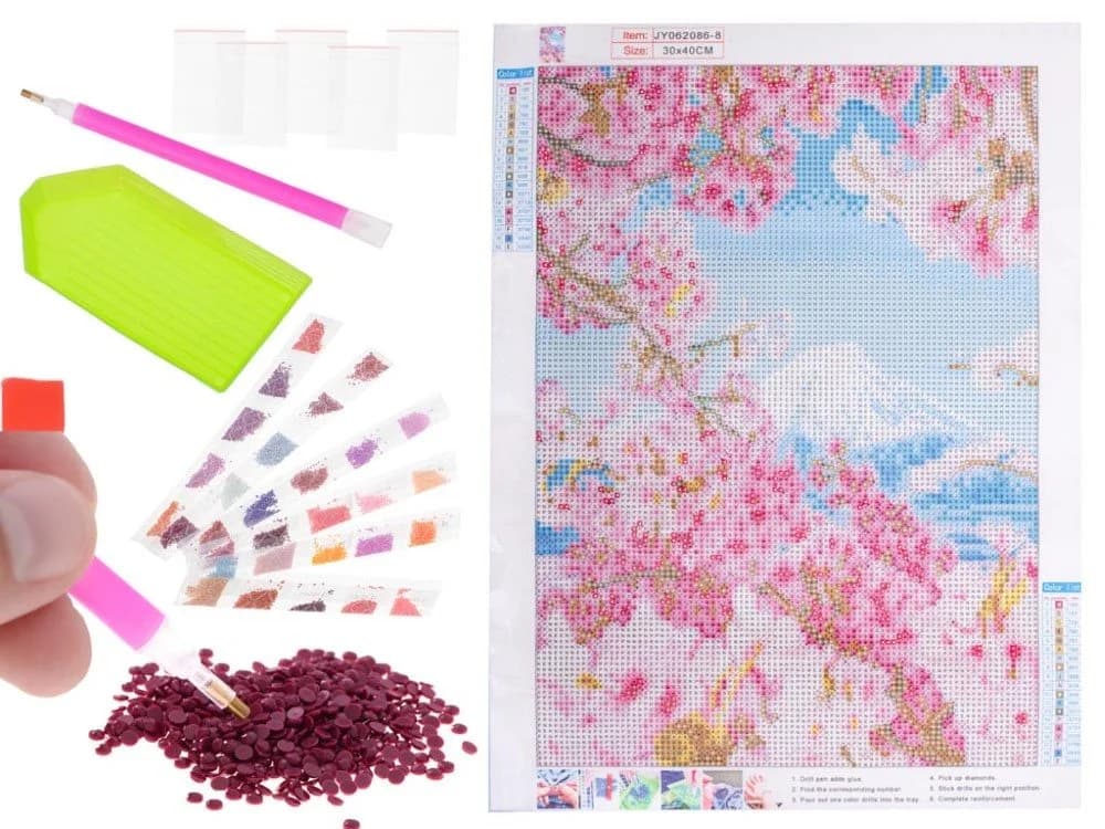Ikonka 5D Diamond Painting Set Kirschblüten mit Berg 30x40cm
