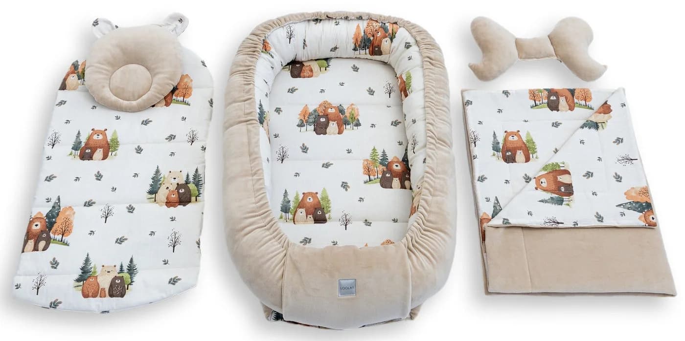 Loolay Kuschelnest BABYNEST 5-tlg. Set PREMIUM Babyausstattung Baumwolle & Samt Velours Beige