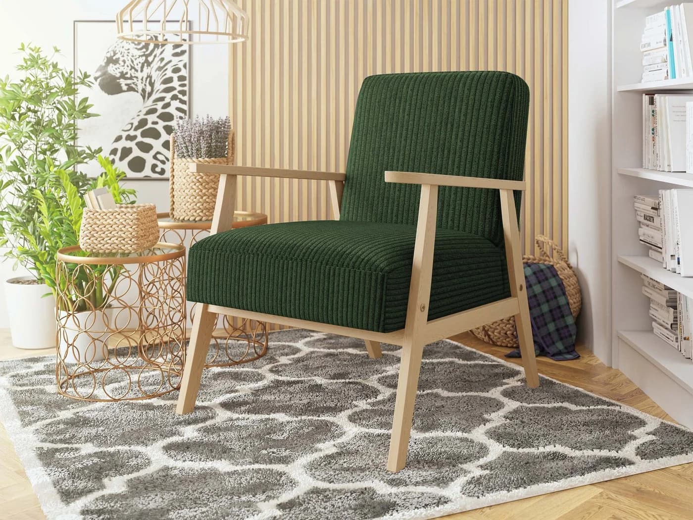 MIRJAN24 Sessel Retro Cord Grün mit Holzarmlehne
