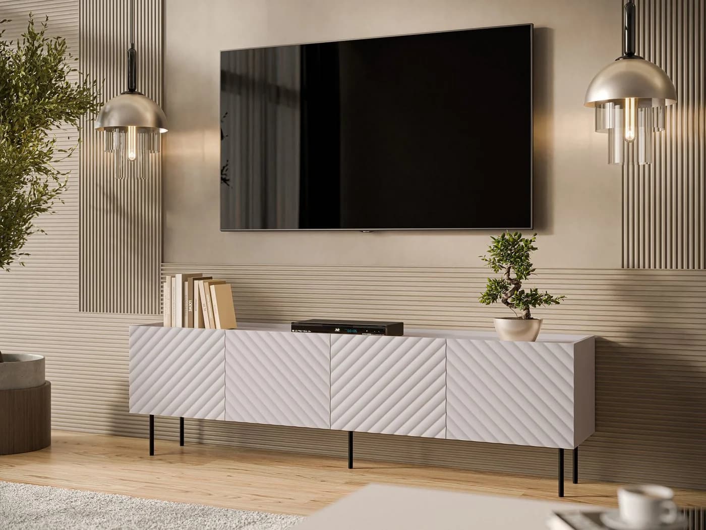 MIRJAN24 TV-Schrank Lucca 200 4D Beige Schwarz mit Stahlfüßen