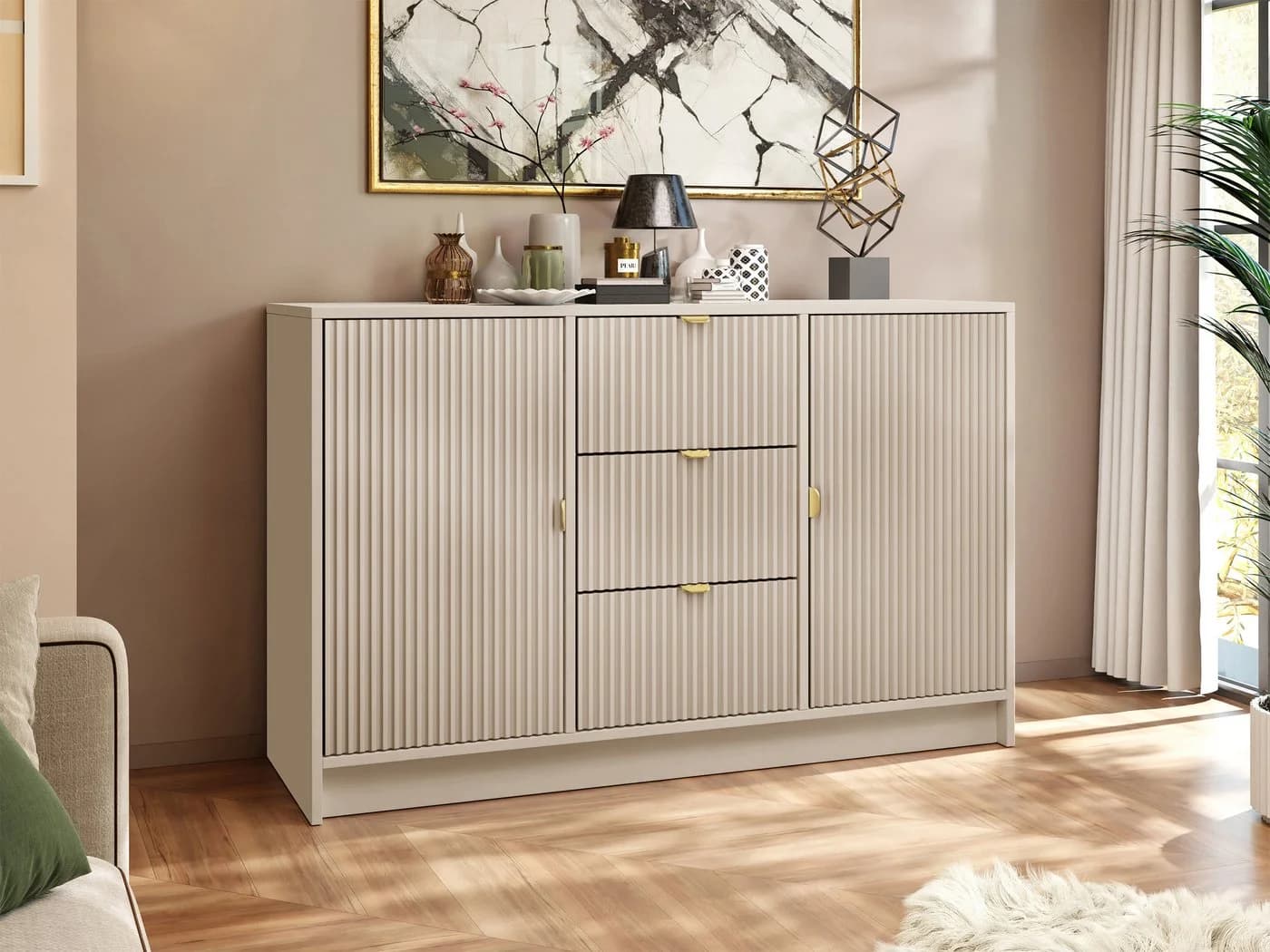 MIRJAN24 Kommode Tireno 2D3SZ Beige mit Goldgriffen