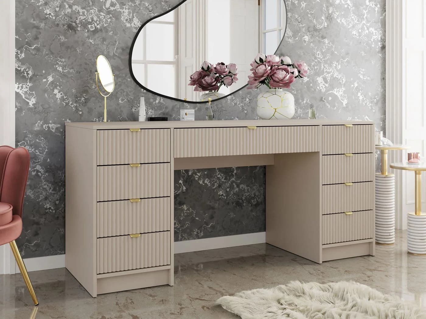 MIRJAN24 Schreibtisch Tireno Bis 9 Schubladen Beige Gold