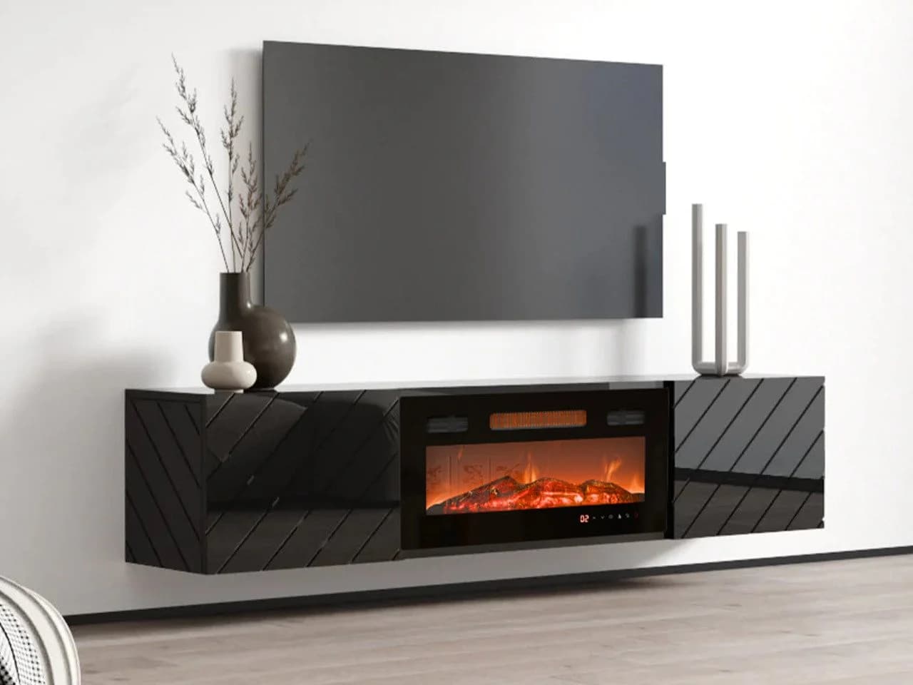 MIRJAN24 TV-Schrank Luxe Schwarz mit Elektrischem Kamin und LED-Flamme