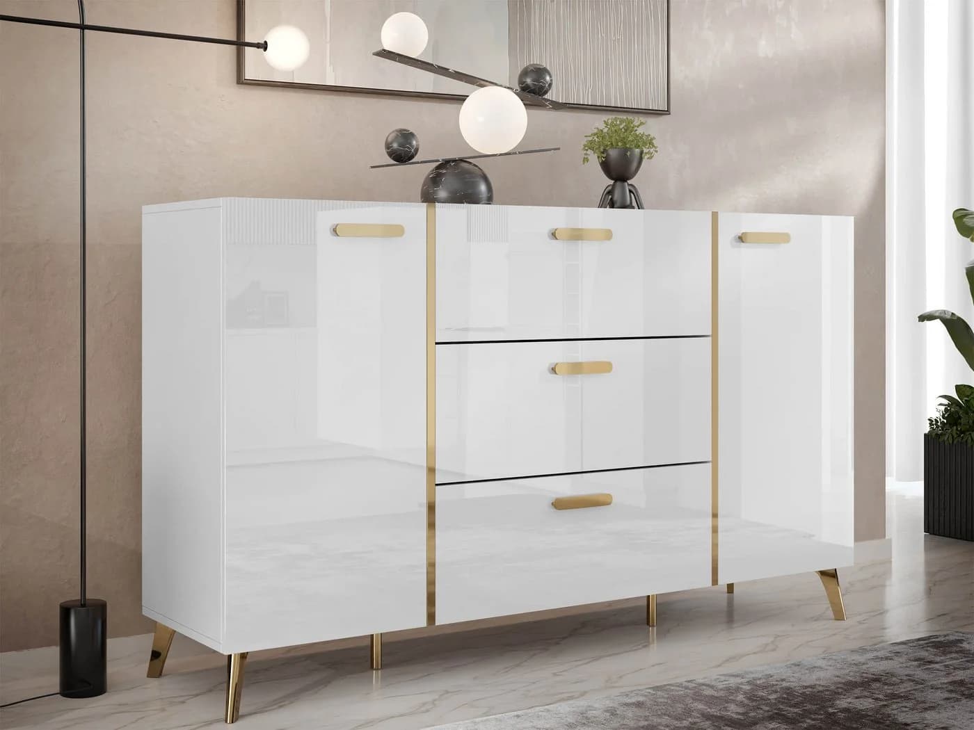 MIRJAN24 Kommode Picru 150 2D3SZ mit zwei Drehtüren und drei Schubladen, Griffe und Füße in Gold