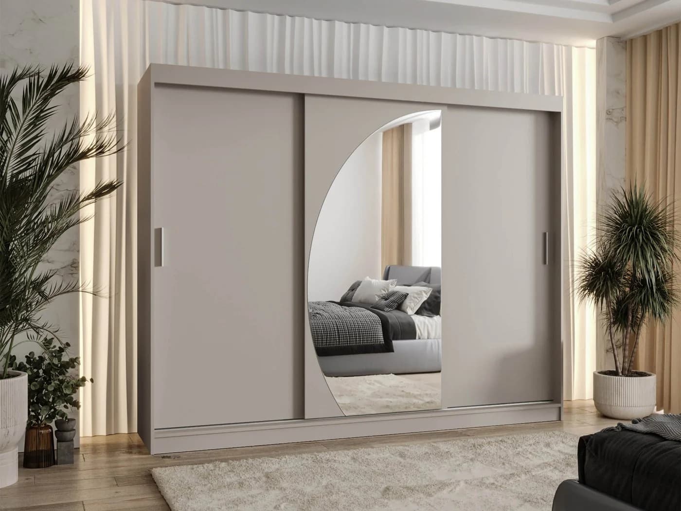 MIRJAN24 Kleiderschrank Wika Beige mit 3 Schiebetüren & Frontspiegel