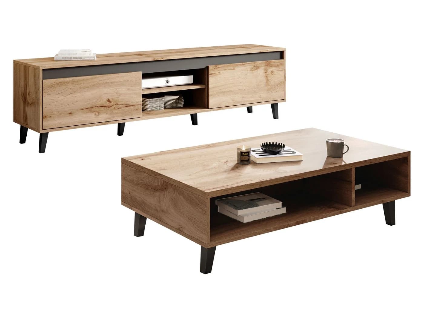 MIRJAN24 Wohnzimmer-Set Nord II, 2er-Set, Kommode, TV-Lowboard, Holz-Optik, 12 cm Füße