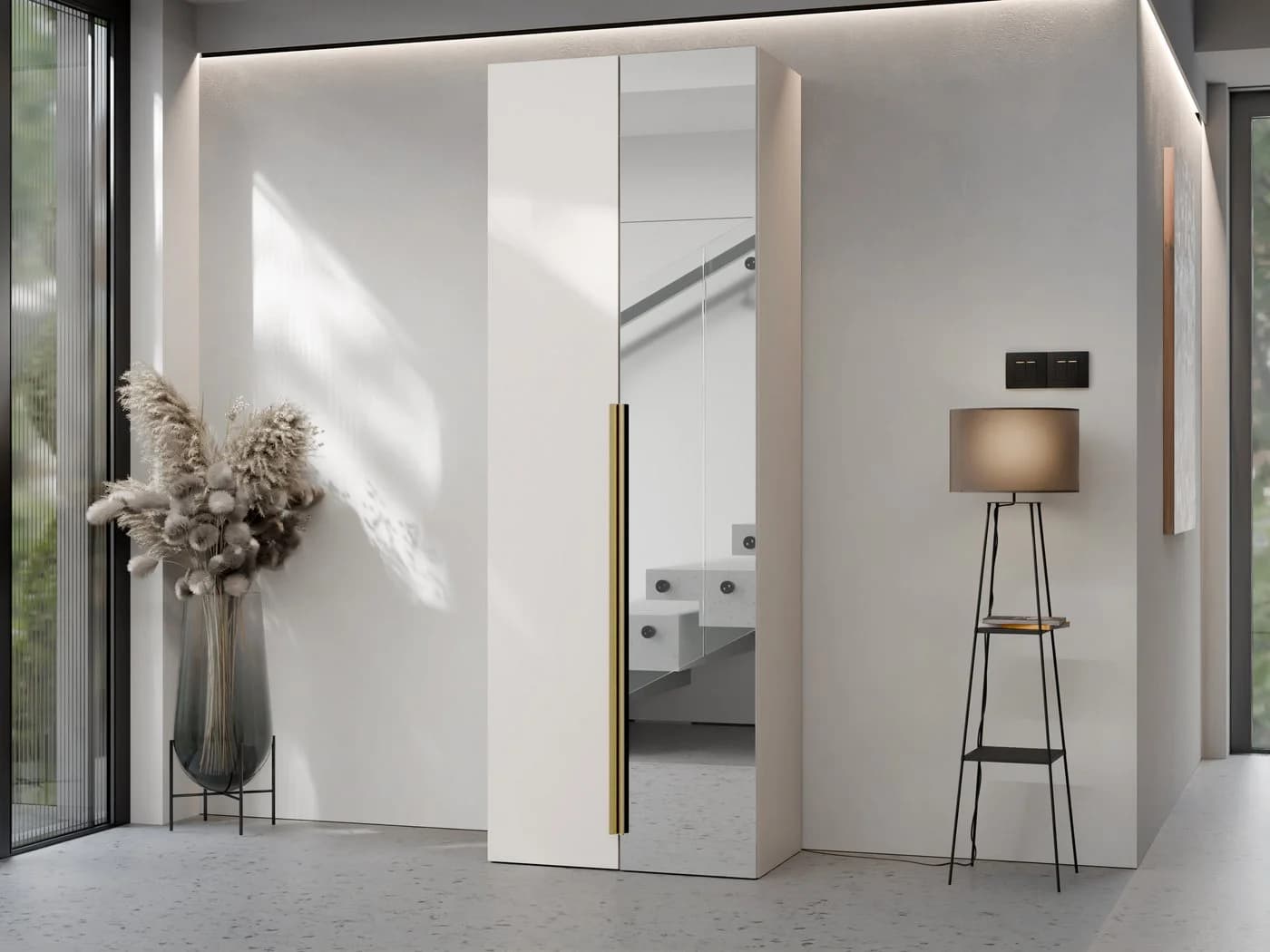 MIRJAN24 Kleiderschrank Kerkin 2D mit Spiegel und Goldgriffen