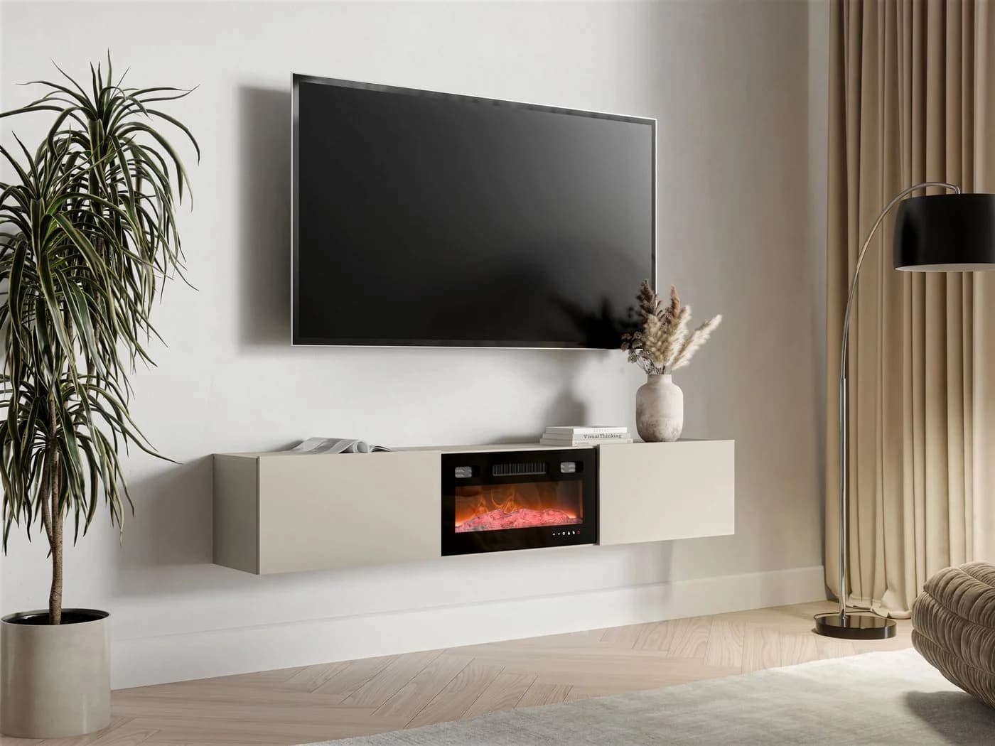 MIRJAN24 TV-Schrank Govi 180 EF mit LED-Kamin und Heizfunktion Beige