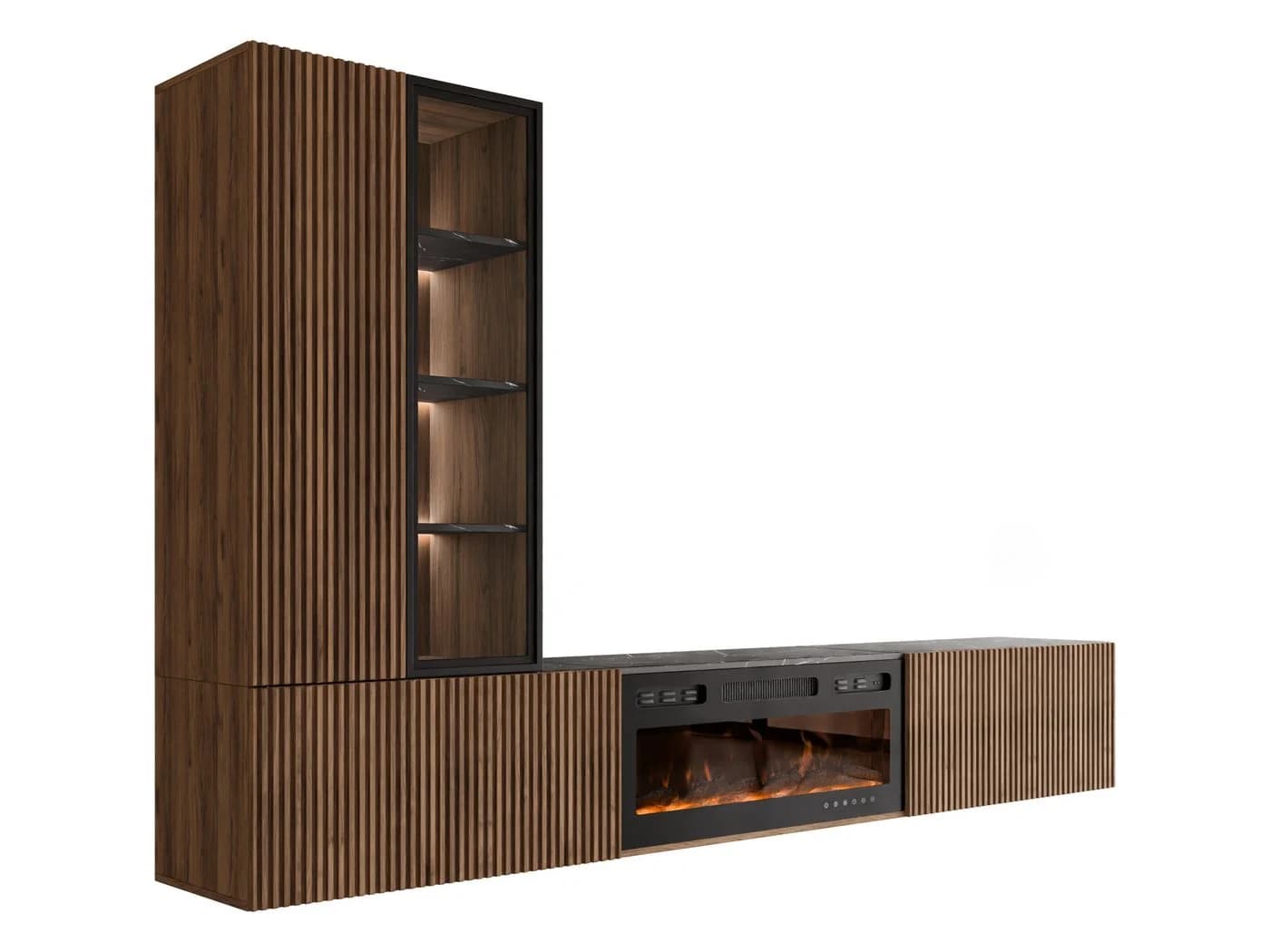 MIRJAN24 Wohnwand Tiwori mit LED-Kamin und Beleuchtung Braun/Schwarz