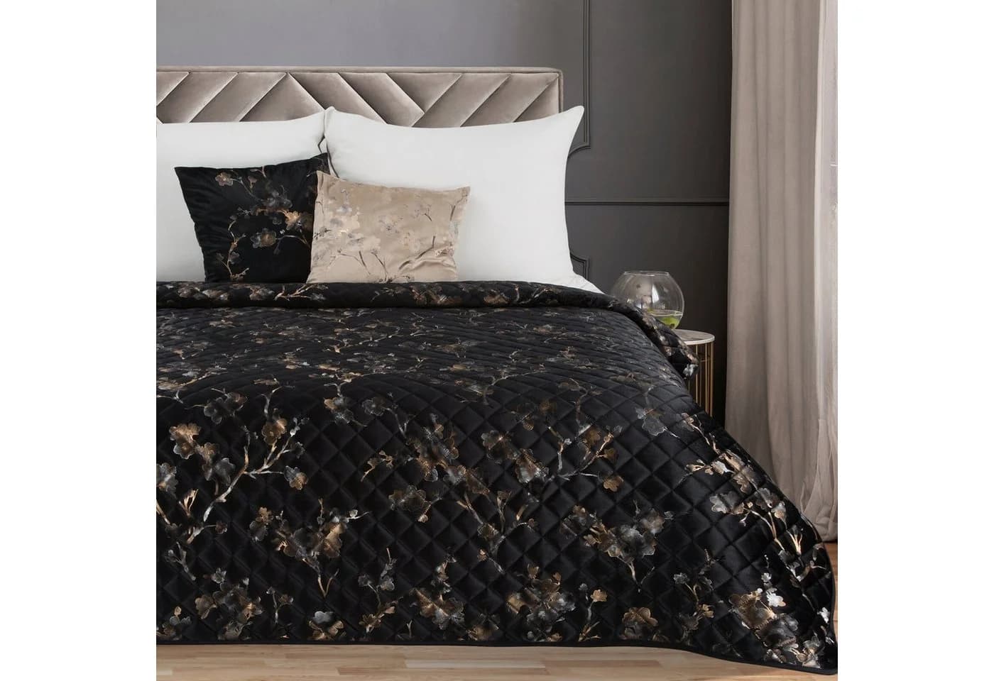 Eurofirany Tagesdecke Blumenmuster Glamour Samt Velours Schwarz Doppelseitig