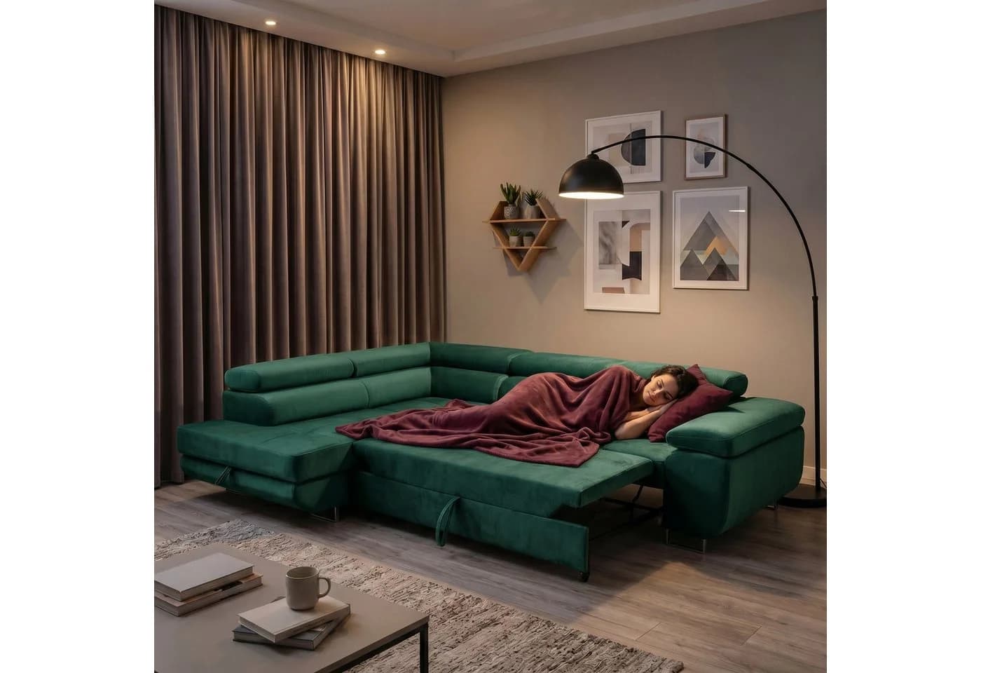 Muffo Ecksofa Wild Grün mit Schlaffunktion und Bettkasten
